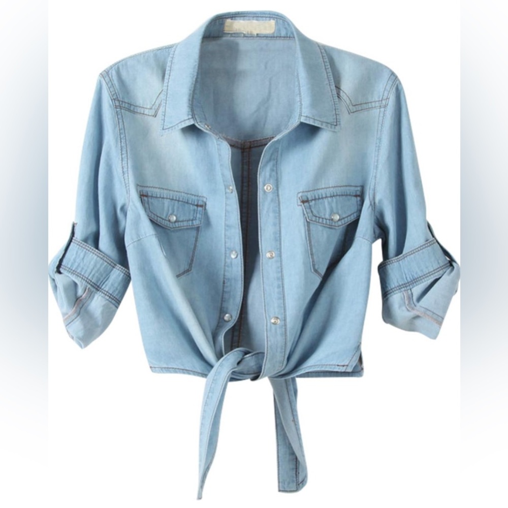 Omoone- Women's 3/4 Sleeve Denim Crop Top Tie Knot Shirt Cardigan